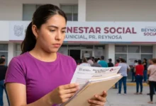 Mujer revisando la Gaceta Municipal y los documentos de la convocatoria del programa Mamá Luchona frente a la Secretaría de Bienestar Social en Reynosa.