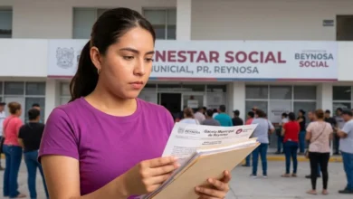 Mujer revisando la Gaceta Municipal y los documentos de la convocatoria del programa Mamá Luchona frente a la Secretaría de Bienestar Social en Reynosa.