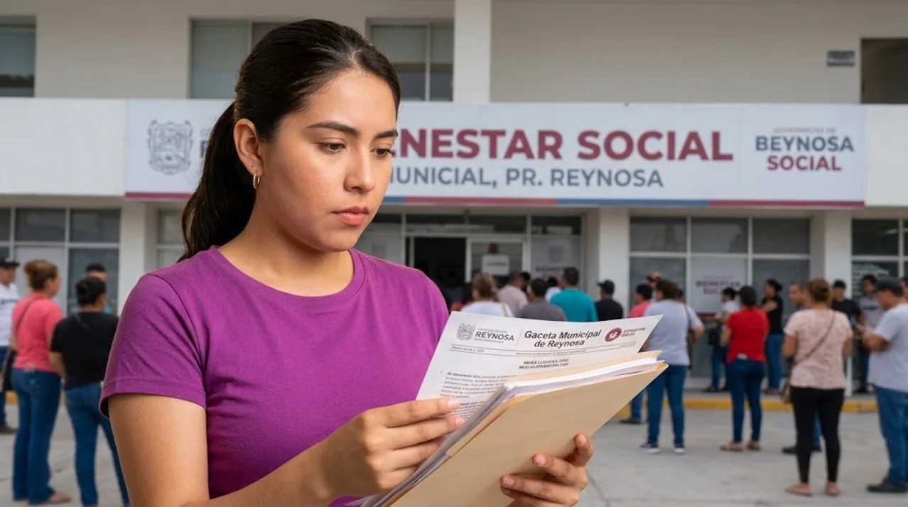 Mujer revisando la Gaceta Municipal y los documentos de la convocatoria del programa Mamá Luchona frente a la Secretaría de Bienestar Social en Reynosa.
