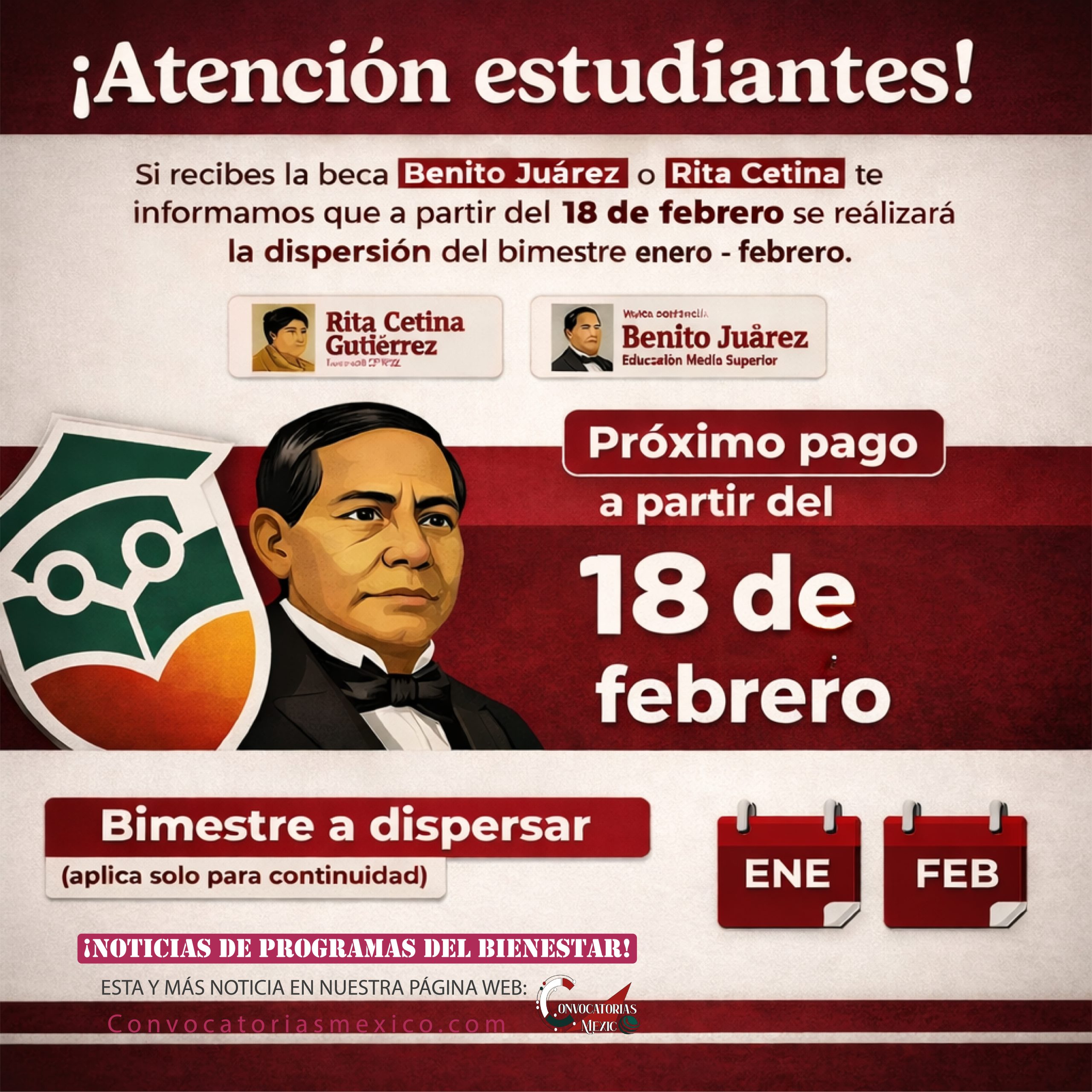 ¡Oficial a partir del 18 de febrero! Pagos de la Beca Benito y Rita Cetina 2026