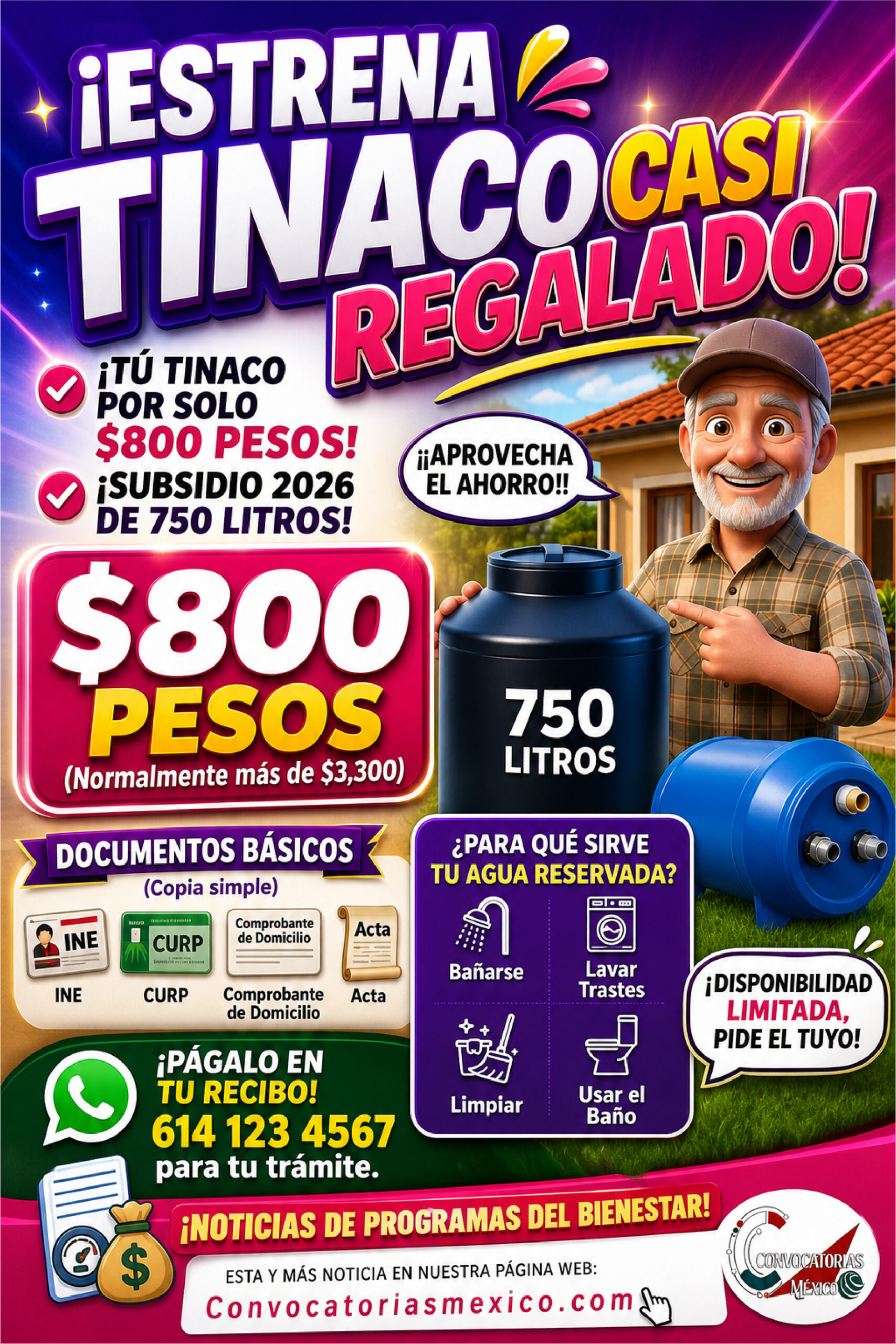 1.- Subsidio de Tinacos 2026 en Chihuahua: tinacos de 750 litros por solo $800 pesos