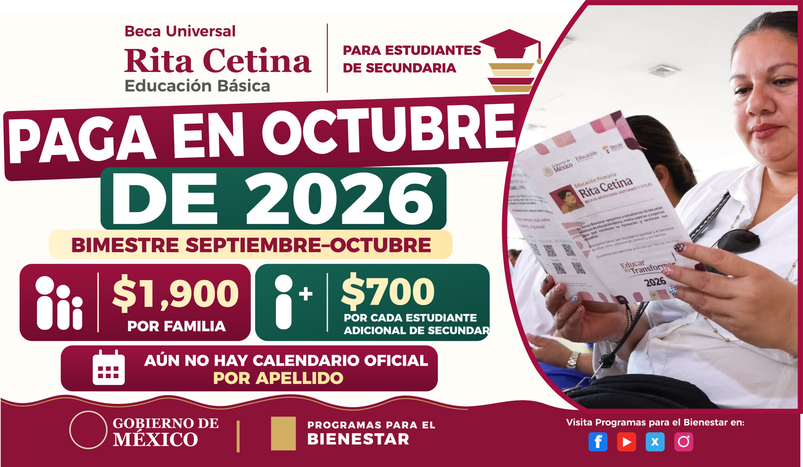 Beca Rita Cetina paga en octubre de 2026: estudiantes de secundaria recibirán $1,900 más $700 por alumno adicional