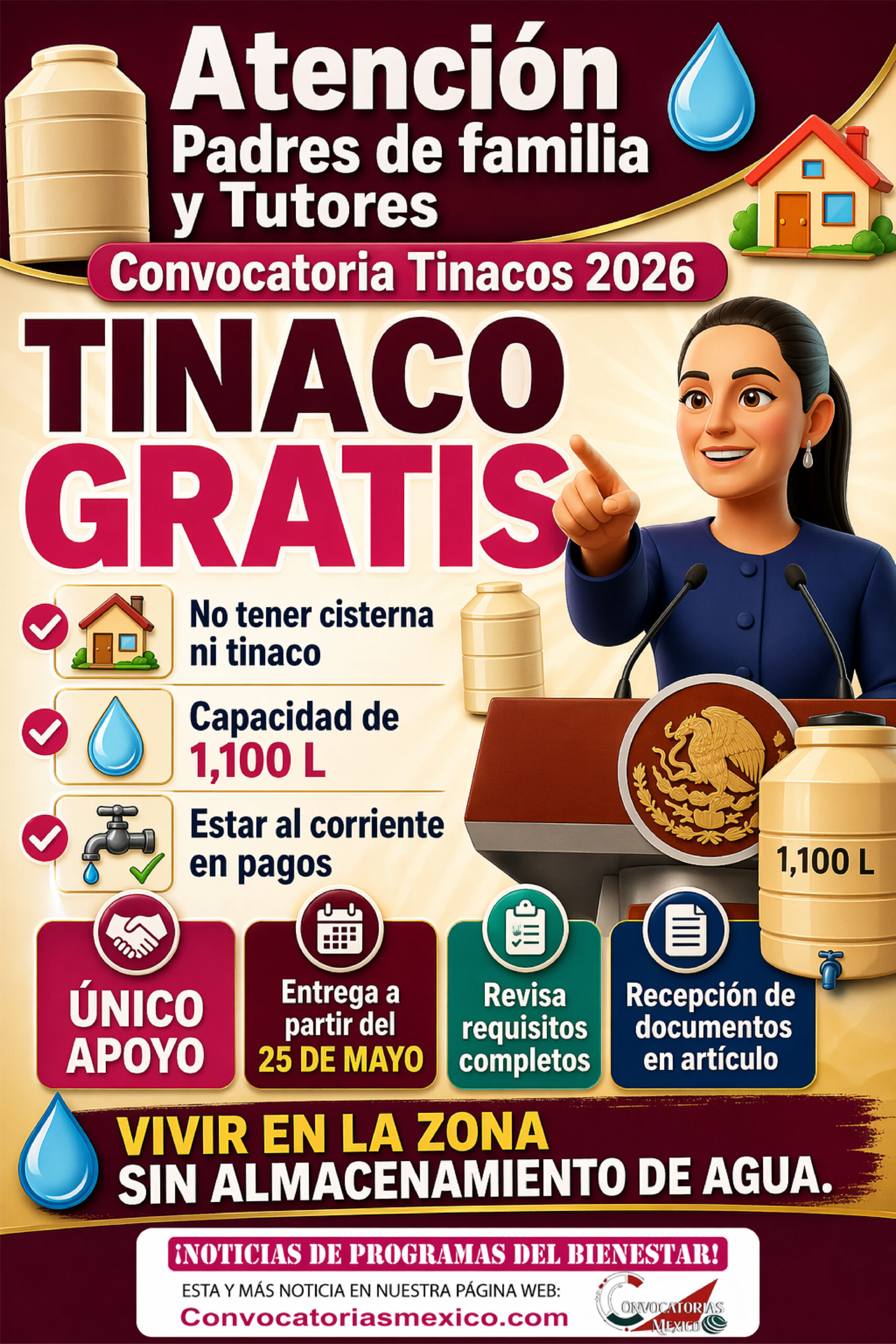 Apoyo único Convocatoria Tinacos 2026: entregarán apoyo gratuito a partir del 25 de mayo