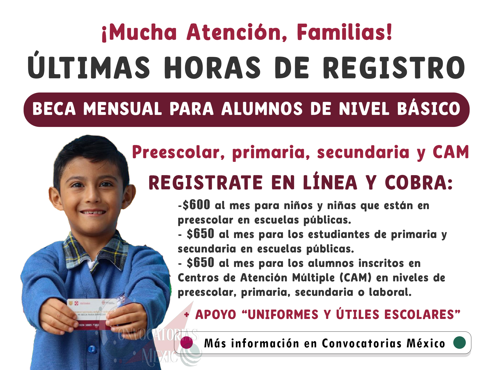 Últimas horas para solicitar incorporación a beca mensual para tu niño o niña de educación Básica | Trámite en línea