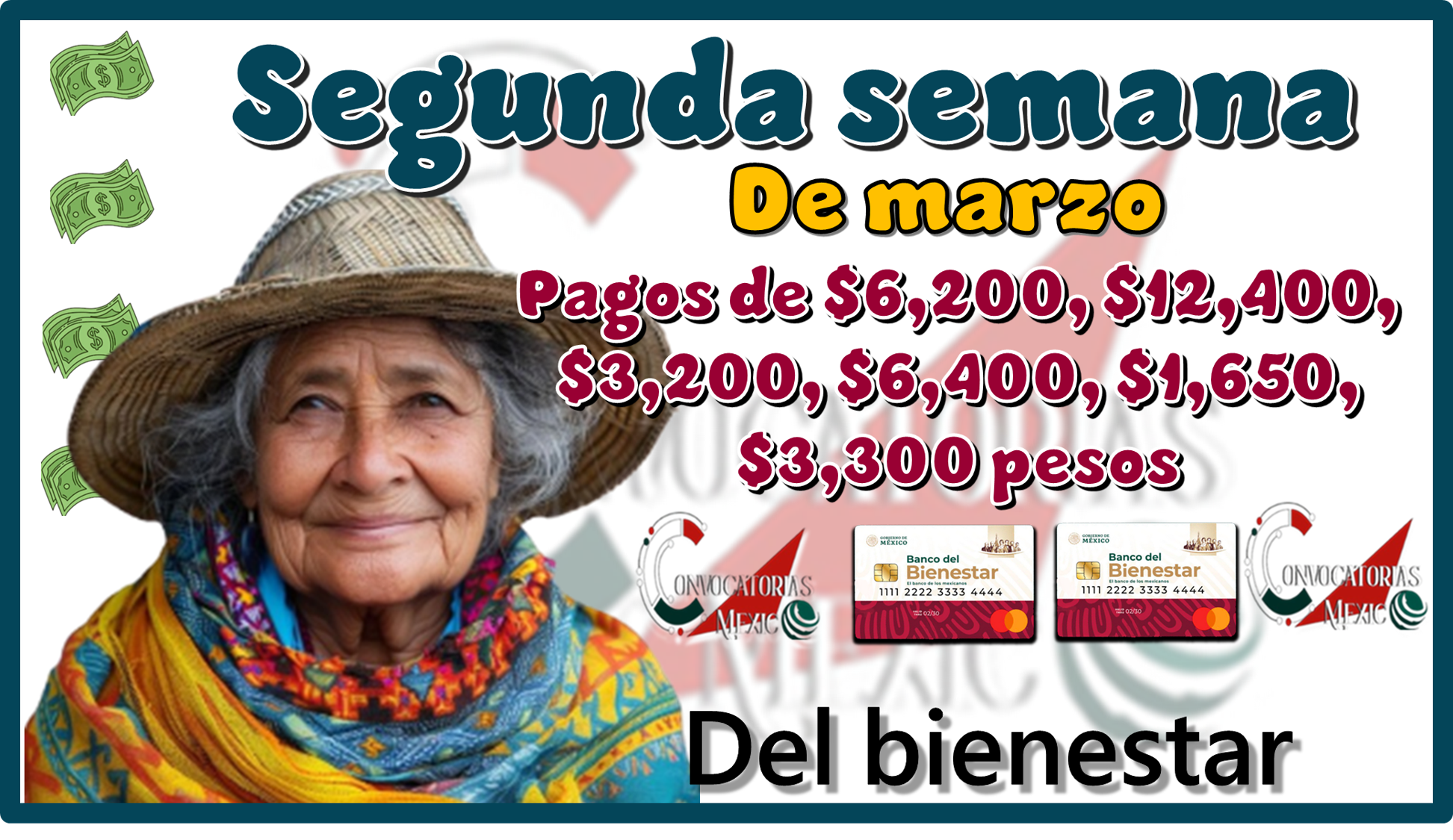 Segunda semana de marzo | Pagos de $6,200, $12,400, $3,200, $6,400 $1,650 pesos, $3,300 y $3,000 pesos del bienestar