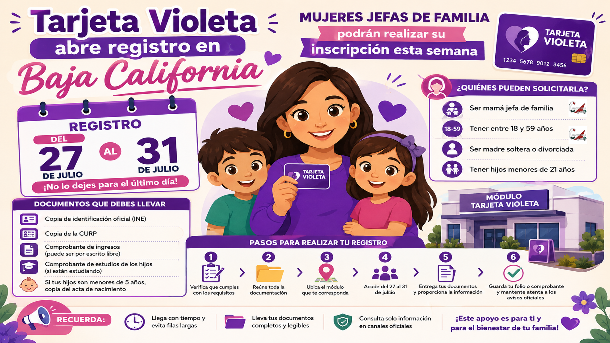 Tarjeta Violeta abre registro en Baja California: mujeres jefas de familia podrán realizar su inscripción esta semana