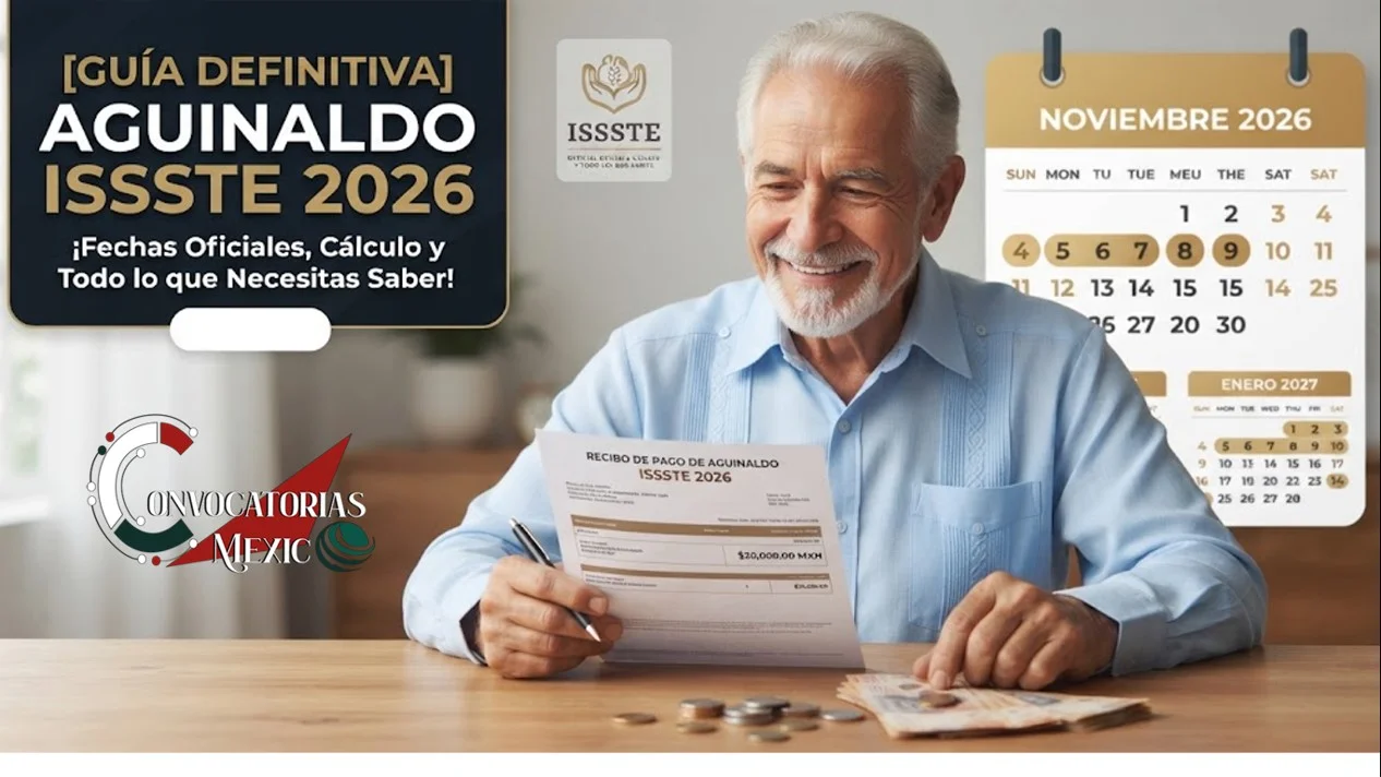 Imagen promocional del Aguinaldo ISSSTE 2026 con un pensionado feliz recibiendo su pago, mostrando un calendario de noviembre y enero.`