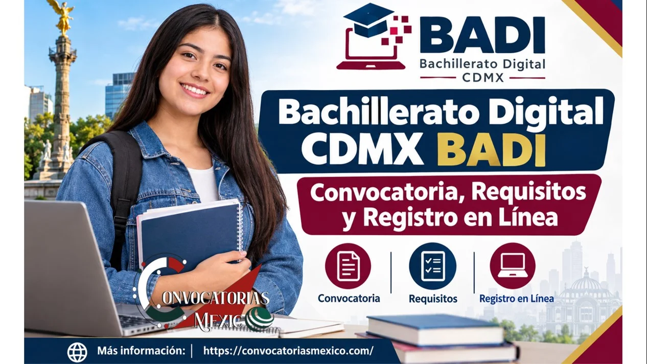 Estudiante frente a una computadora con información sobre el Bachillerato Digital CDMX BADI, convocatoria, requisitos de ingreso y registro en línea para estudiar el nivel medio superior en la Ciudad de México.