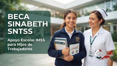 Estudiante mexicana sonriente junto a su madre enfermera del IMSS promocionando la Beca SINABETH SNTSS.