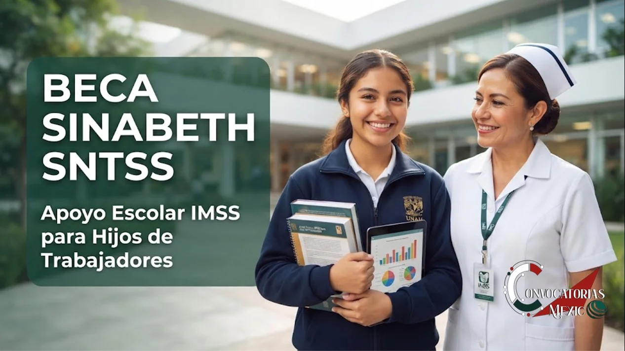 Estudiante mexicana sonriente junto a su madre enfermera del IMSS promocionando la Beca SINABETH SNTSS.