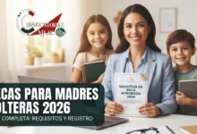 Imagen ilustrativa sobre becas para madres solteras en México, mostrando a una mujer sonriente estudiando con su hijo mientras revisa documentos y su laptop en un ambiente cálido y hogareño.