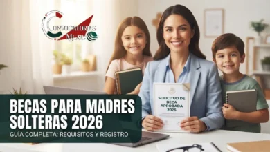 Imagen ilustrativa sobre becas para madres solteras en México, mostrando a una mujer sonriente estudiando con su hijo mientras revisa documentos y su laptop en un ambiente cálido y hogareño.