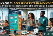 Estudiantes universitarios mexicanos analizando una pantalla digital con la guía oficial de Becas Universitarias México 2026, incluyendo convocatorias, requisitos clave y registro en línea.