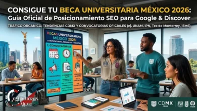 Estudiantes universitarios mexicanos analizando una pantalla digital con la guía oficial de Becas Universitarias México 2026, incluyendo convocatorias, requisitos clave y registro en línea.