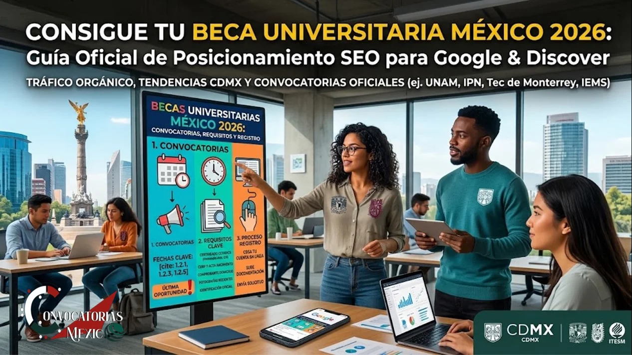 Estudiantes universitarios mexicanos analizando una pantalla digital con la guía oficial de Becas Universitarias México 2026, incluyendo convocatorias, requisitos clave y registro en línea.