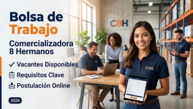 Personal sonriente en oficina y almacén mostrando una tablet con la plataforma de postulación de la bolsa de trabajo en Comercializadora 8 Hermanos