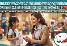 Dos profesionales mexicanos (psicóloga y trabajador social) sonrientes frente a un centro de asistencia del Sistema DIF, sosteniendo una tableta digital con la leyenda "Bolsa de Trabajo DIF 2026 - Vacantes Abiertas" y un sello de sueldos competitivos.