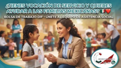 Dos profesionales mexicanos (psicóloga y trabajador social) sonrientes frente a un centro de asistencia del Sistema DIF, sosteniendo una tableta digital con la leyenda "Bolsa de Trabajo DIF 2026 - Vacantes Abiertas" y un sello de sueldos competitivos.