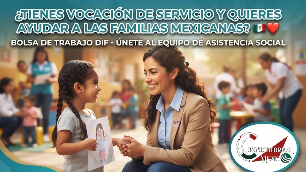 Dos profesionales mexicanos (psicóloga y trabajador social) sonrientes frente a un centro de asistencia del Sistema DIF, sosteniendo una tableta digital con la leyenda "Bolsa de Trabajo DIF 2026 - Vacantes Abiertas" y un sello de sueldos competitivos.