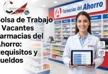 Farmacéutica sonriente en el interior de una sucursal de Farmacias del Ahorro sosteniendo una tablet con opciones de vacantes y sueldos para la bolsa de trabajo