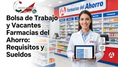 Farmacéutica sonriente en el interior de una sucursal de Farmacias del Ahorro sosteniendo una tablet con opciones de vacantes y sueldos para la bolsa de trabajo