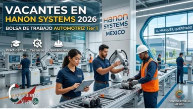 Ingeniero y técnica de la industria automotriz en México revisando componentes térmicos para vehículos en una línea de ensamble de Hanon Systems, con la leyenda visual "VACANTES 2026: Operadores, Técnicos e Ingenieros" y sellos distintivos de Querétaro, Ciudad Juárez y Nuevo León.