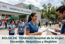 Bolsa de Trabajo Hospital de la Mujer 2026: Vacantes, Requisitos y Registro 12 Personal médico en la entrada del Hospital de la Mujer del SSA en CDMX. Una enfermera y un médico en primer plano revisan documentos en una tabla con clip. Texto superpuesto: Bolsa de Trabajo Hospital de la Mujer: Vacantes, Requisitos y Registro.