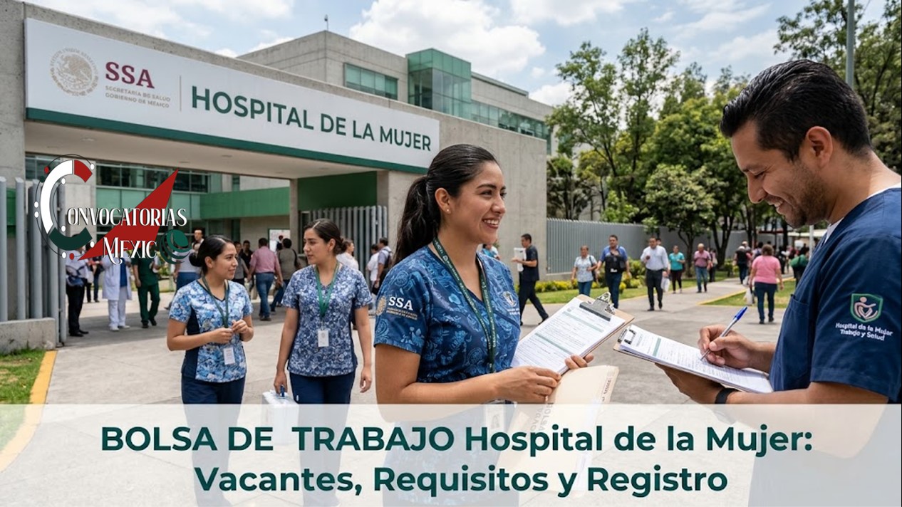 Personal médico en la entrada del Hospital de la Mujer del SSA en CDMX. Una enfermera y un médico en primer plano revisan documentos en una tabla con clip. Texto superpuesto: Bolsa de Trabajo Hospital de la Mujer: Vacantes, Requisitos y Registro.