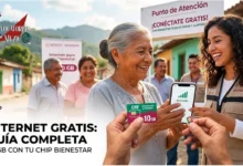 Beneficiaria en módulo del Bienestar recibiendo tarjeta SIM de CFE Internet para el Bienestar con 10 GB y validando compatibilidad en celular