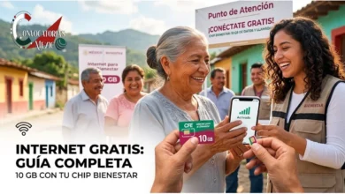 Beneficiaria en módulo del Bienestar recibiendo tarjeta SIM de CFE Internet para el Bienestar con 10 GB y validando compatibilidad en celular