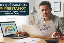 Imagen ilustrativa sobre las consecuencias de no pagar un préstamo en México, mostrando a un hombre preocupado revisando una notificación judicial y su score negativo en Buró de Crédito.`
