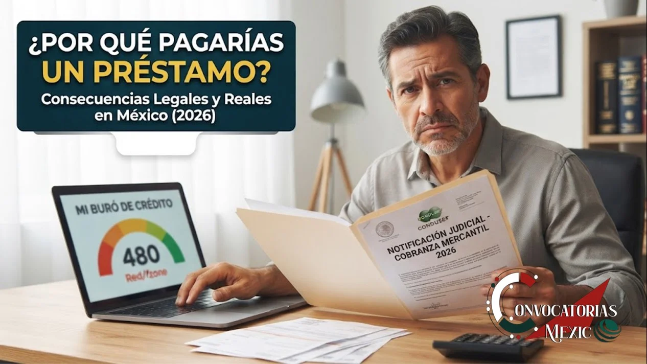 Imagen ilustrativa sobre las consecuencias de no pagar un préstamo en México, mostrando a un hombre preocupado revisando una notificación judicial y su score negativo en Buró de Crédito.`