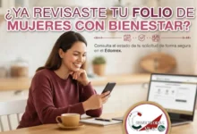 Imagen informativa de la guía Mujeres con Bienestar 2026, detallando los pasos para consultar el folio y verificar el estatus de la solicitud en el Edomex.