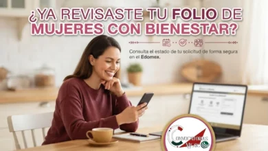 Imagen informativa de la guía Mujeres con Bienestar 2026, detallando los pasos para consultar el folio y verificar el estatus de la solicitud en el Edomex.