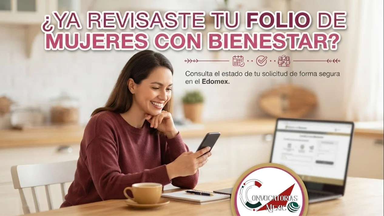 Imagen informativa de la guía Mujeres con Bienestar 2026, detallando los pasos para consultar el folio y verificar el estatus de la solicitud en el Edomex.