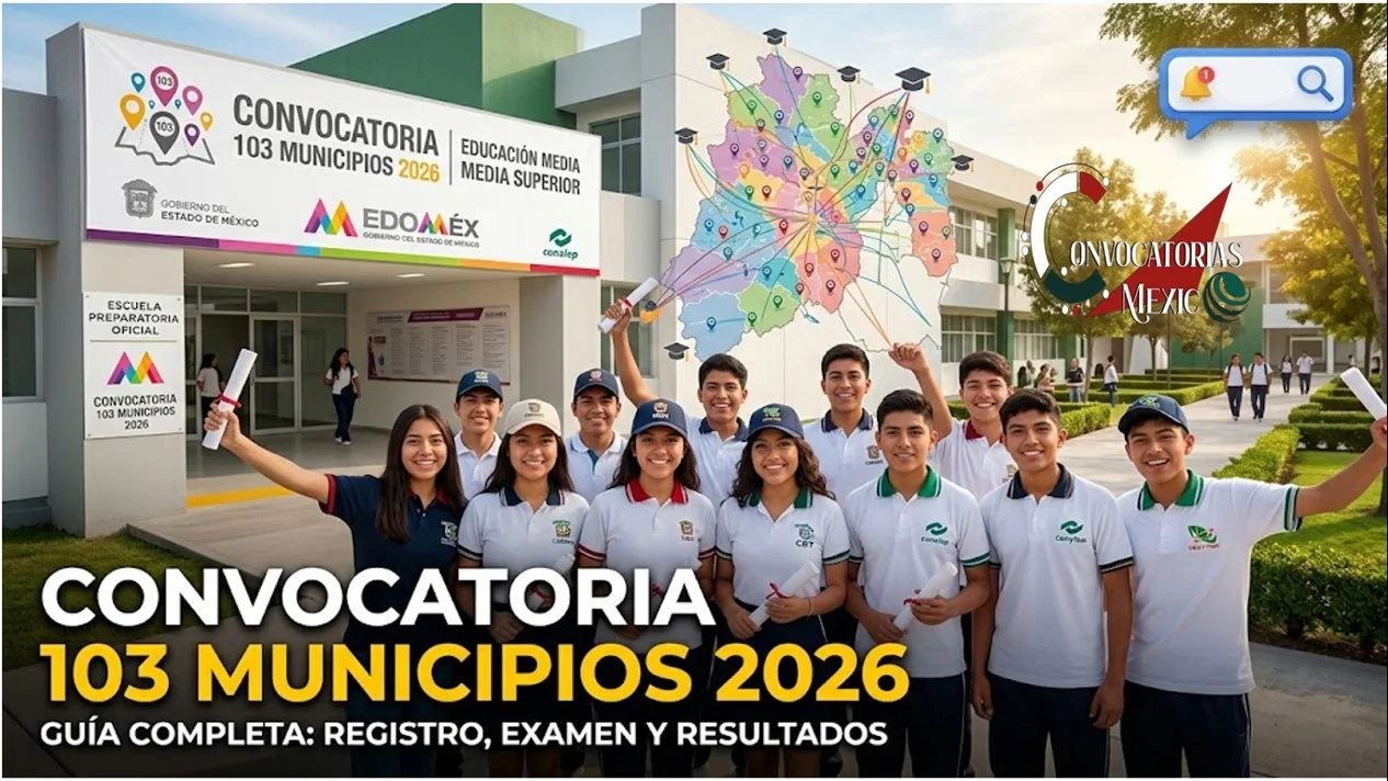 Tres estudiantes de secundaria en México con uniforme escolar frente a un plantel educativo, revisando en una tableta digital los resultados de la Convocatoria 103 Municipios 2026 para preparatorias del Estado de México.