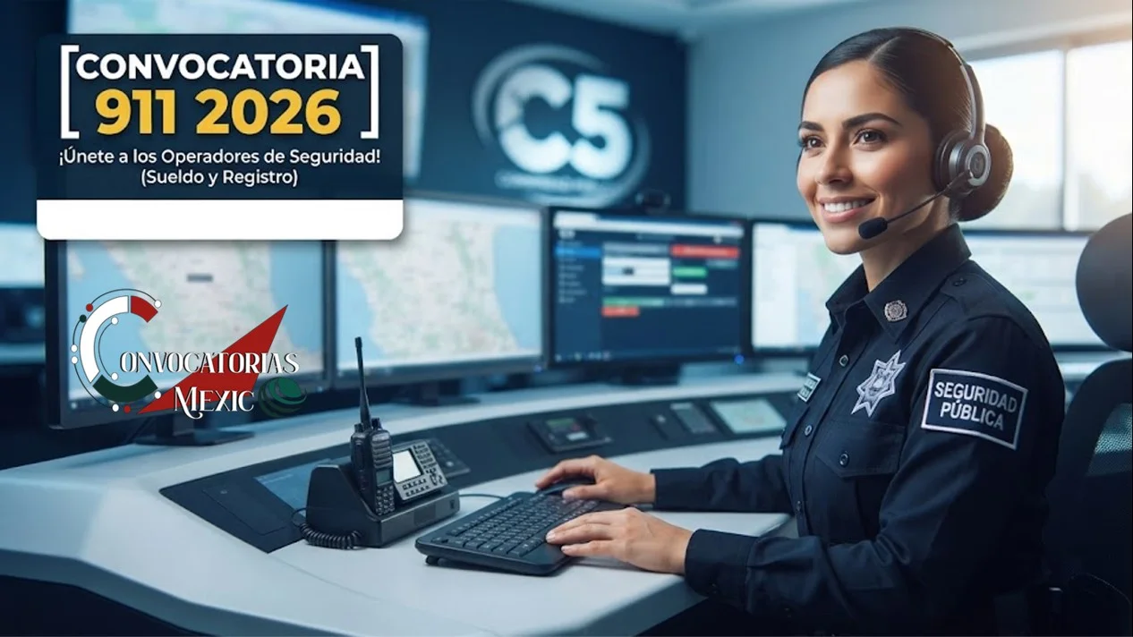 Imagen promocional de la Convocatoria 911 2026 con una oficial de policía mexicana sonriente y equipada con diadema en un centro de comando C5, invitando a unirse a seguridad pública.`