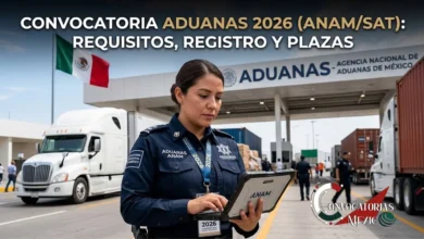 Oficial de Comercio Exterior de la ANAM usando tableta digital en garita aduanera con camiones de carga y bandera de México