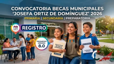 Madre e hijos estudiantes sonrientes sosteniendo carpetas de solicitud frente al módulo de registro de las Becas Municipales Josefa Ortiz de Domínguez 2026.