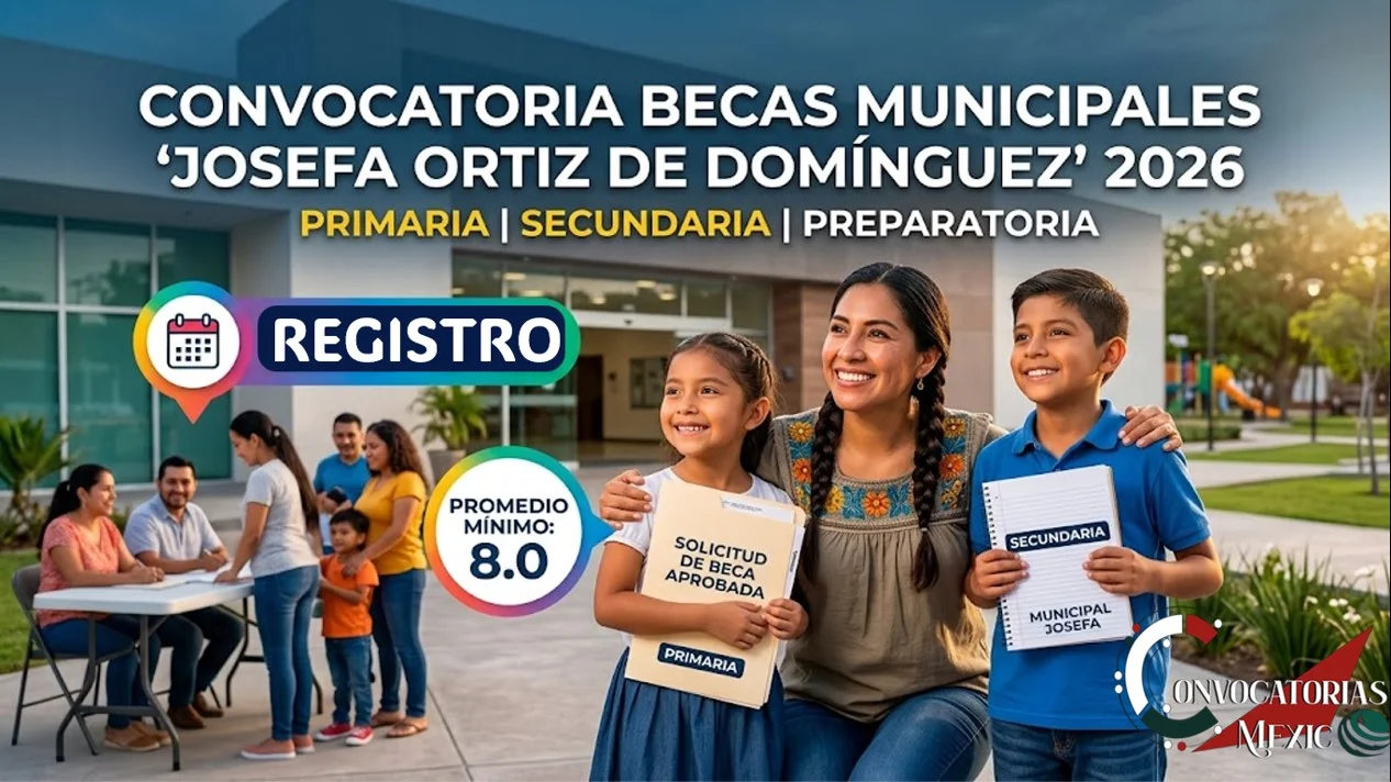 Madre e hijos estudiantes sonrientes sosteniendo carpetas de solicitud frente al módulo de registro de las Becas Municipales Josefa Ortiz de Domínguez 2026.
