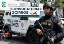 Portada de la Convocatoria Zorros 2026: Agente de Fuerza de Tarea SSC CDMX uniformado y armado, de pie junto a un vehículo blindado en México. Texto principal 'CONVOCATORIA ZORROS