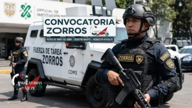 Portada de la Convocatoria Zorros 2026: Agente de Fuerza de Tarea SSC CDMX uniformado y armado, de pie junto a un vehículo blindado en México. Texto principal 'CONVOCATORIA ZORROS
