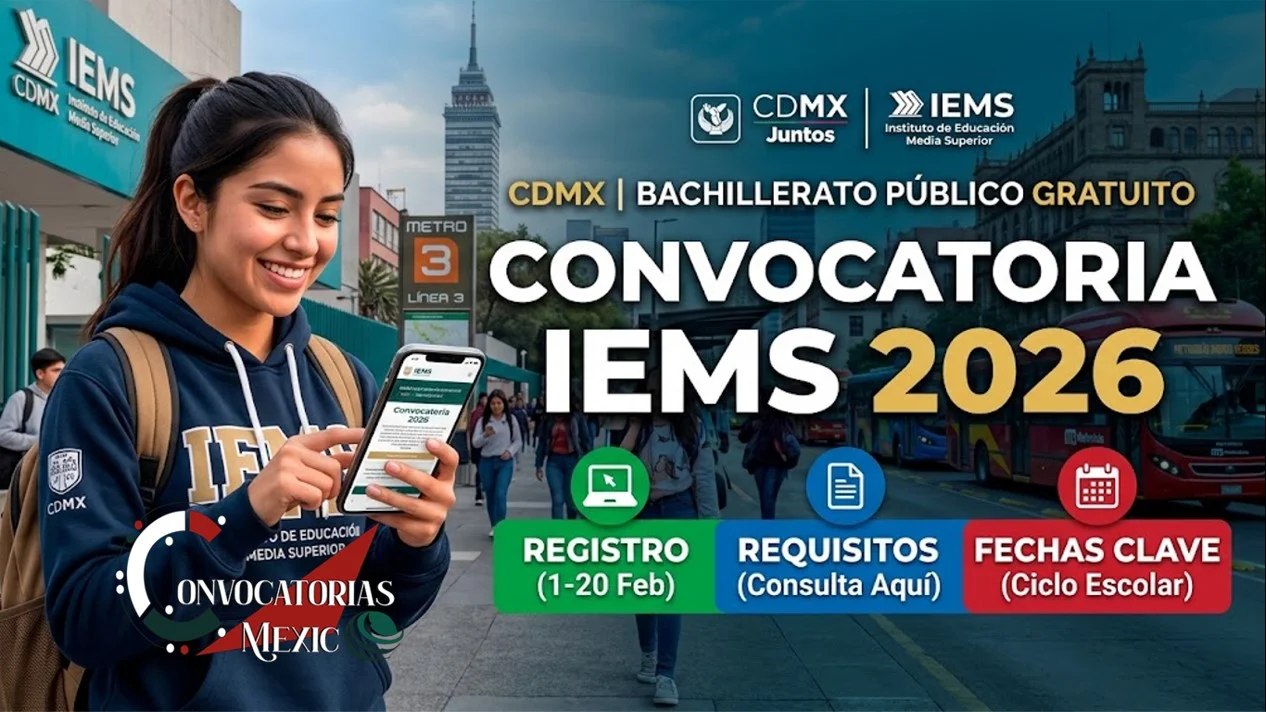 Estudiante en CDMX consultando en su celular la Convocatoria IEMS 2026 para registro, requisitos y fechas clave.