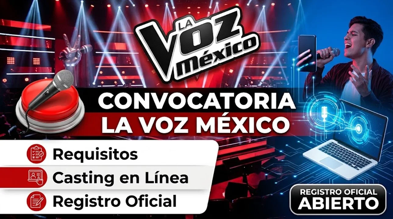 Cartel oficial de la convocatoria La Voz México con detalles sobre el casting en línea, el registro oficial y los requisitos de participación