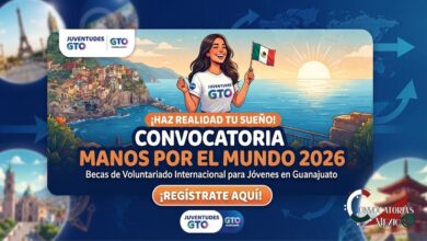 Joven mexicana de Juventudes GTO feliz en un paisaje europeo con la bandera de México, promoviendo la beca de voluntariado internacional Manos por el Mundo 2026.