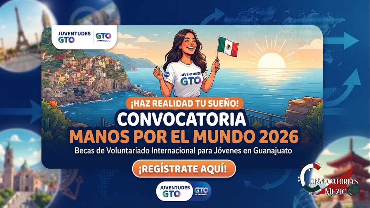 Joven mexicana de Juventudes GTO feliz en un paisaje europeo con la bandera de México, promoviendo la beca de voluntariado internacional Manos por el Mundo 2026.