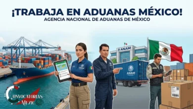 Convocatoria oficial de la Agencia Nacional de Aduanas de México (ANAM) para trabajar en comercio exterior, mostrando a oficiales en una aduana con puerto y contenedores.