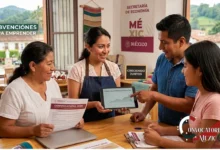 Tres microemprendedores mexicanos en Huauchinango, Puebla, consultando en una tableta y documentos la convocatoria a fondo perdido 2026 de la Secretaría de Economía.
