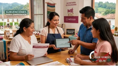 Tres microemprendedores mexicanos en Huauchinango, Puebla, consultando en una tableta y documentos la convocatoria a fondo perdido 2026 de la Secretaría de Economía.