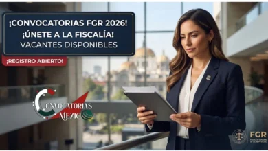Una abogada o funcionaria profesional con traje sastre azul sostiene documentos oficiales en una moderna oficina gubernamental, con el logotipo oficial de la FGR y el texto superpuesto 'Convocatorias FGR